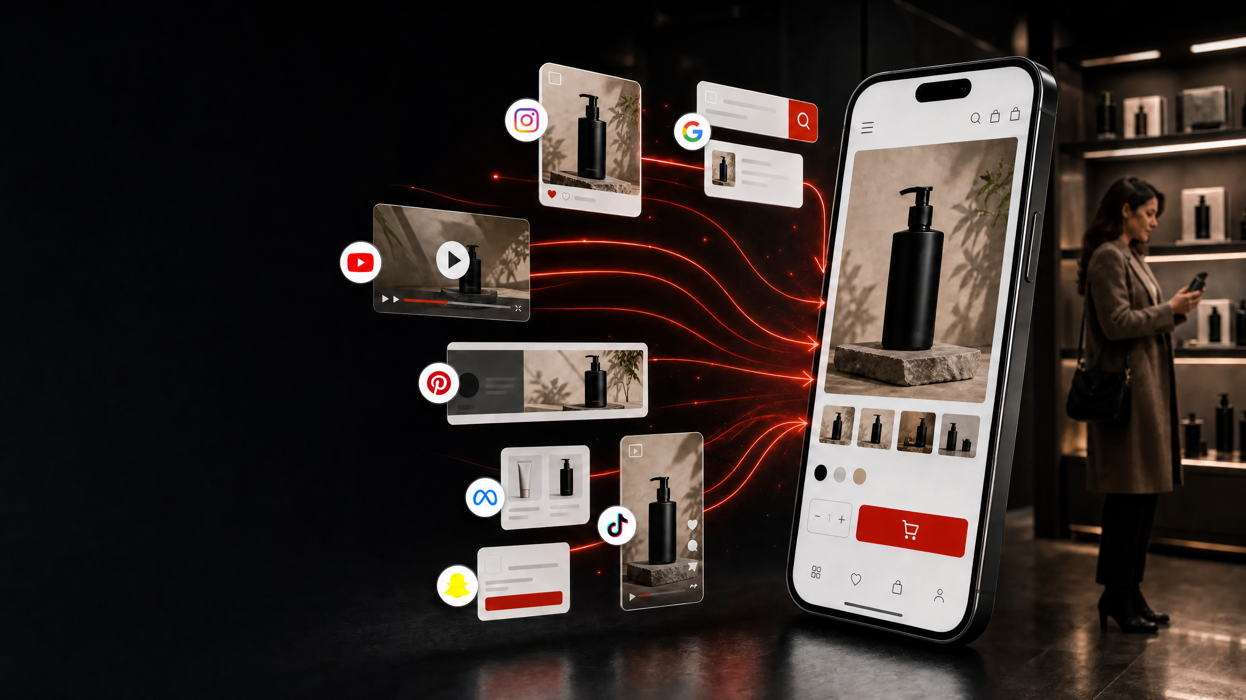 Composite of skincare ads across Instagram, Google, YouTube, Pinterest, Meta, TikTok and Snapchat flowing into a mobile storefront while a shopper browses the physical store
