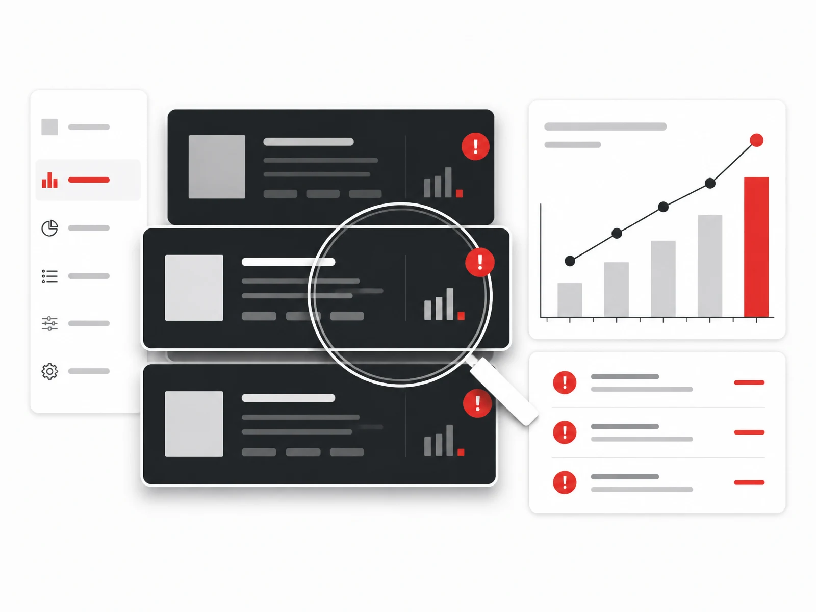 Layered campaign cards under an inspection lens with a performance chart and red issue markers