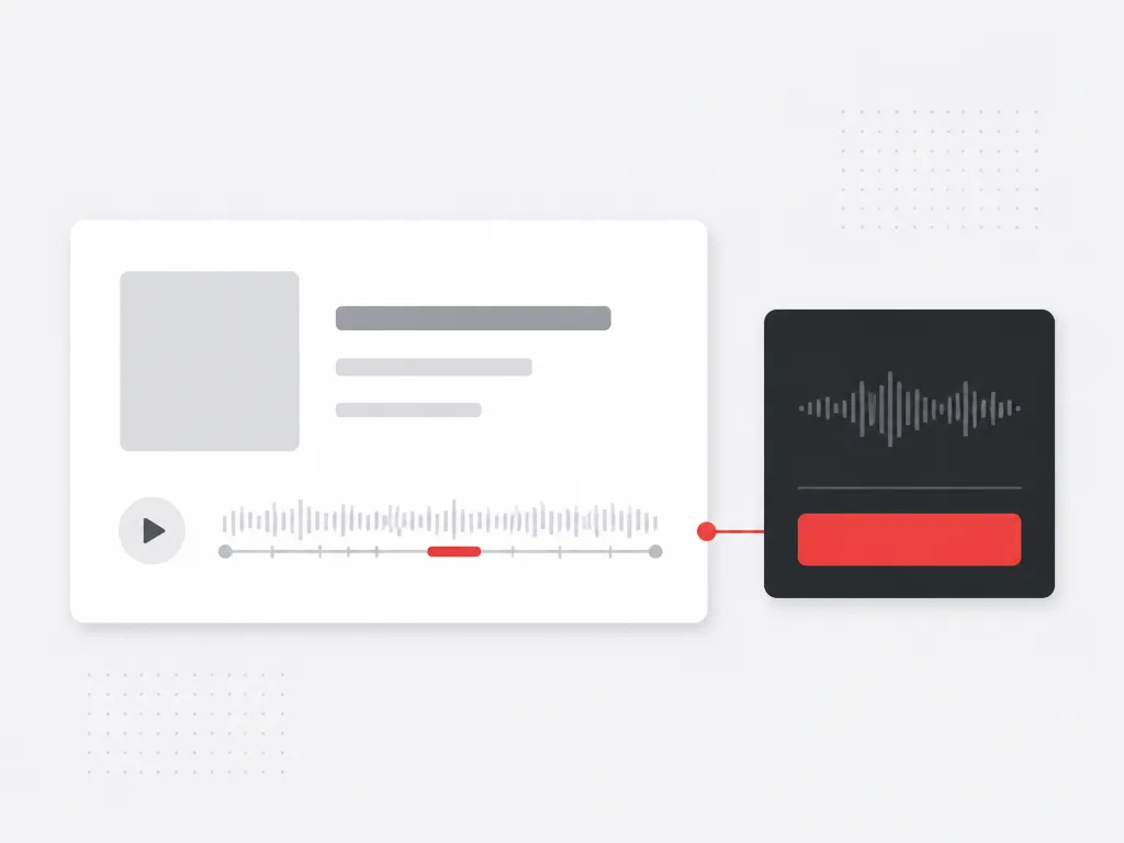 Podcast episode card with an audio timeline linked by a red line to a dark sponsorship module