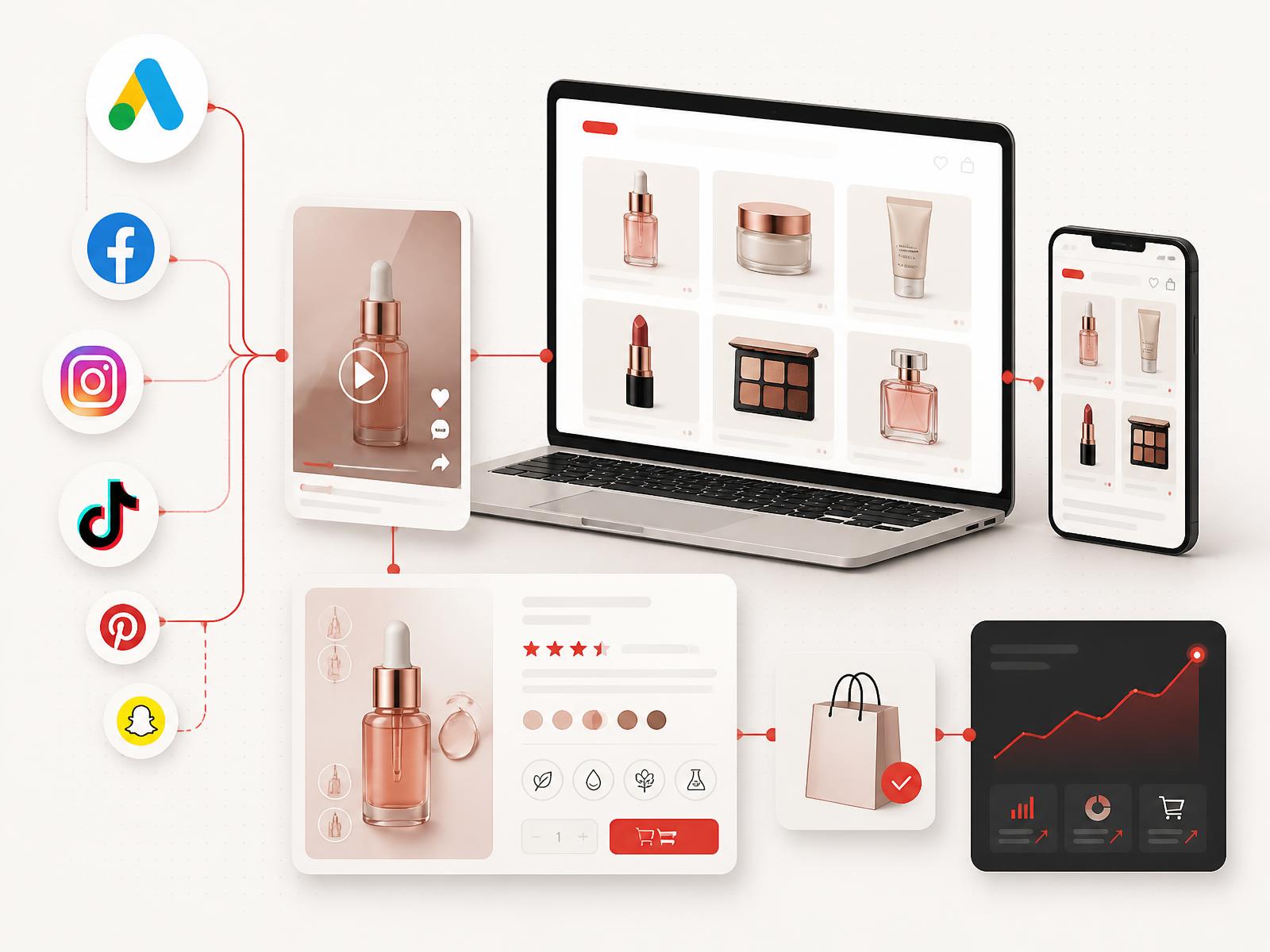 Beauty and skincare ecommerce storefront on laptop and phone with a product detail module, creator routine content frame and a revenue performance module connected together