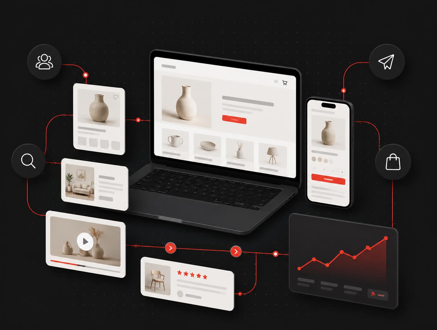 Ecommerce storefront on a laptop and phone connected to brand story, content and review modules and a revenue performance module