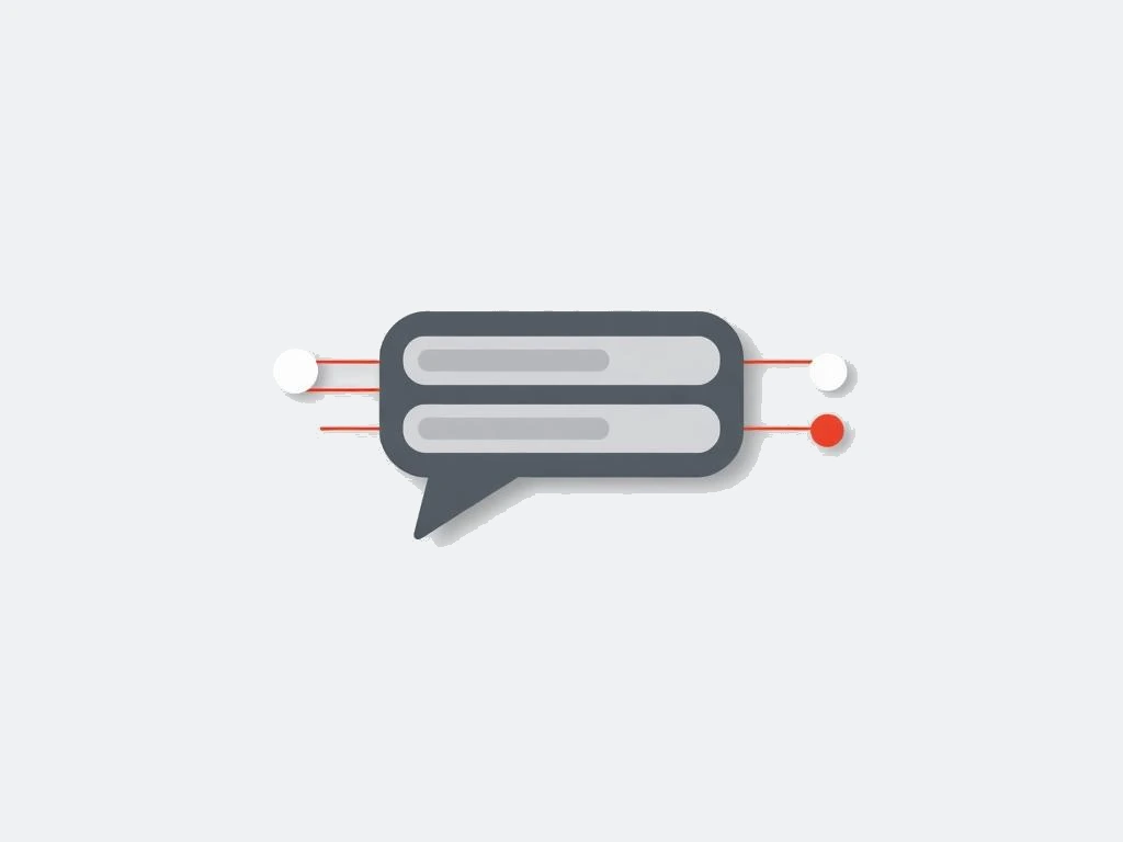 Conversation module linked by thin red lines to contextual topic chips and a red targeting node