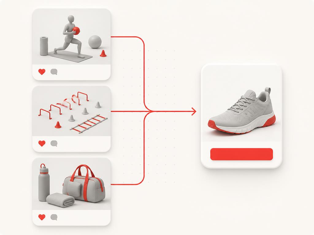 Community content frames flowing into a product action card