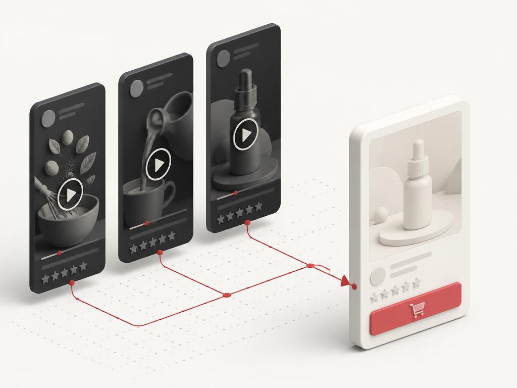Generic recipe and product demo content frames flowing into an ecommerce purchase action
