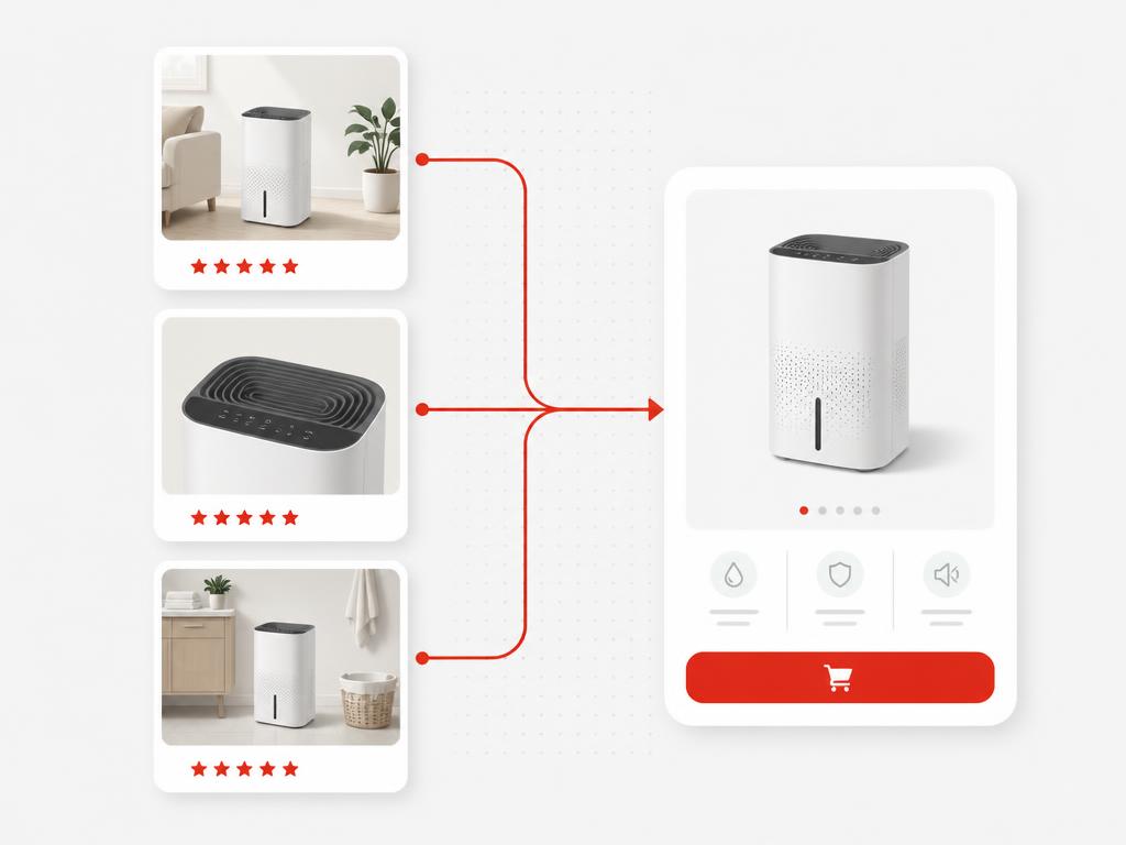Product demonstration and review content frames flowing into a product action card