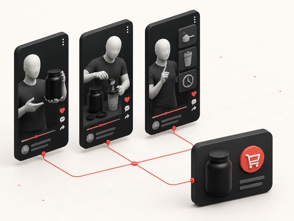 Generic educational and creator content frames flowing into a product action card