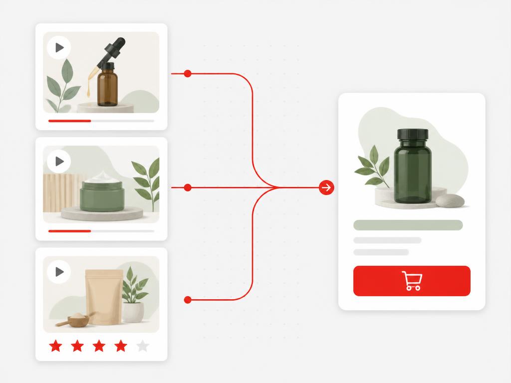 Educational content frames flowing into a product action card