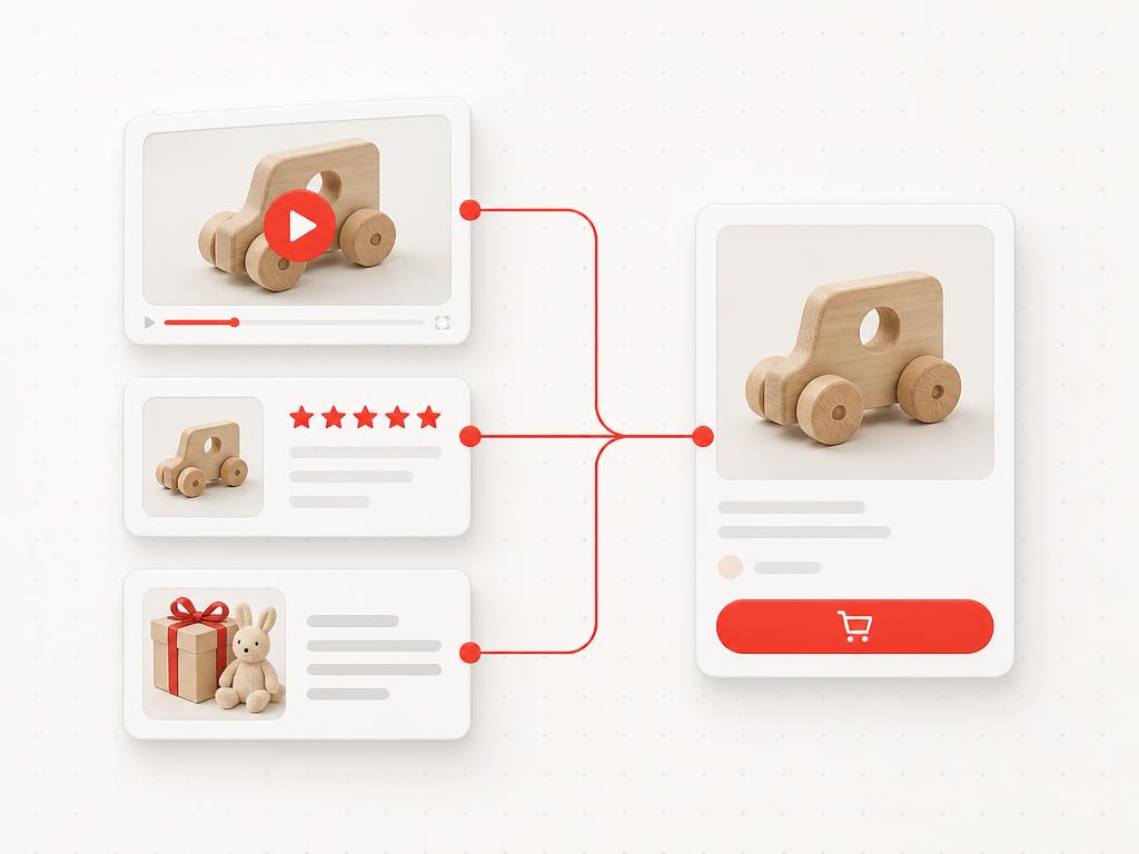 Product demo, review and gift guide frames flowing into a product action card