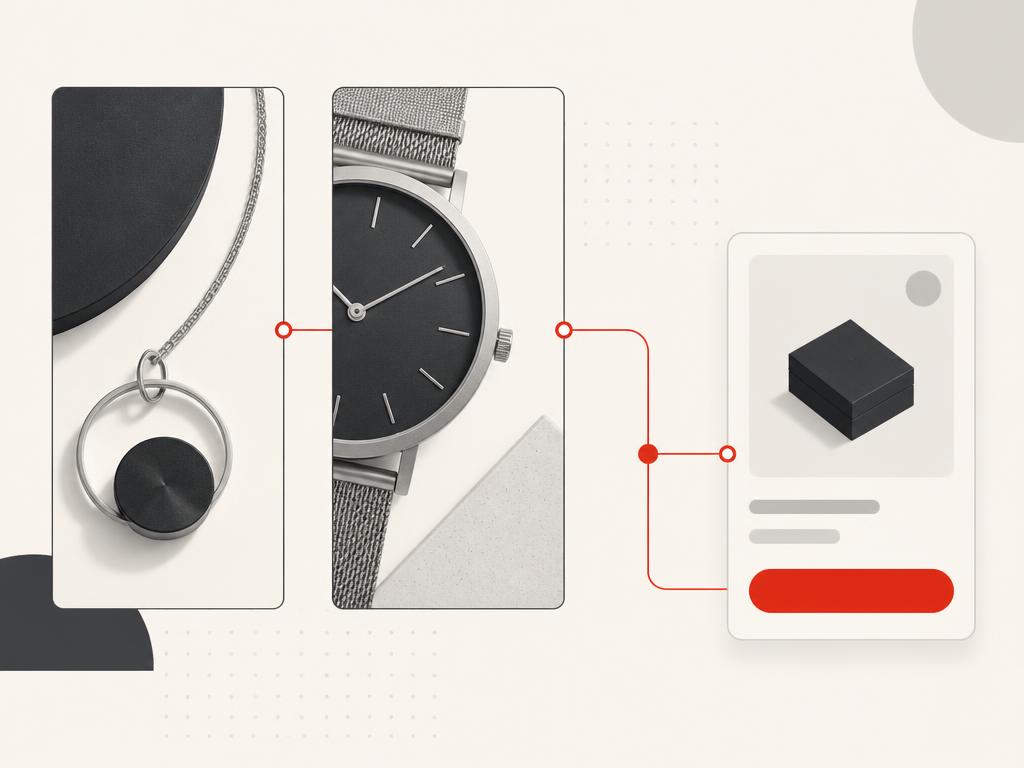 Close-up jewelry and watch content frames flowing into a product action card