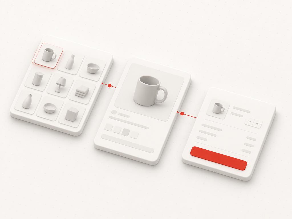 Product discovery, product detail and checkout modules connected by a red conversion path