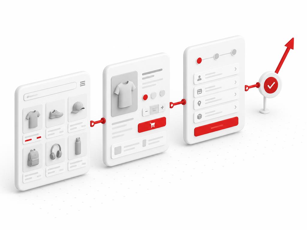 Product discovery, product detail and checkout modules connected by a red conversion path