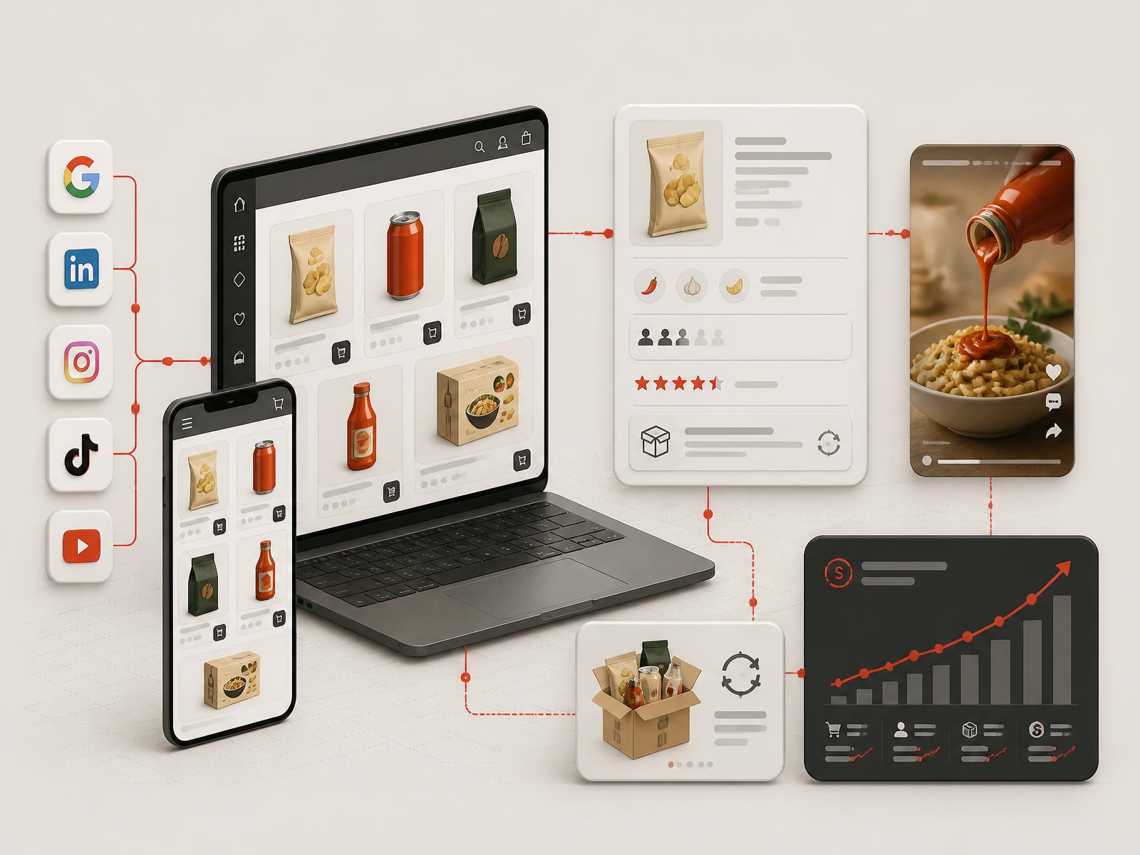 Food and beverage ecommerce storefront on laptop and phone with a product detail module, recipe content frame and a revenue performance module connected together