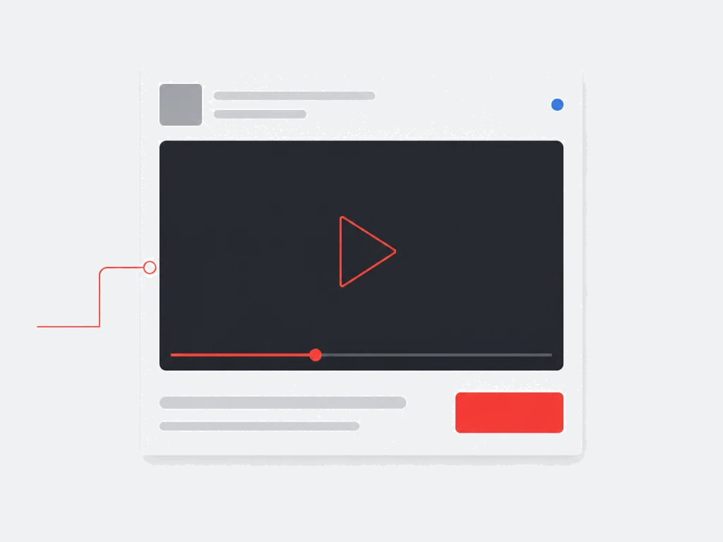 Professional feed video card with a dark player, red outlined play cue and red action button