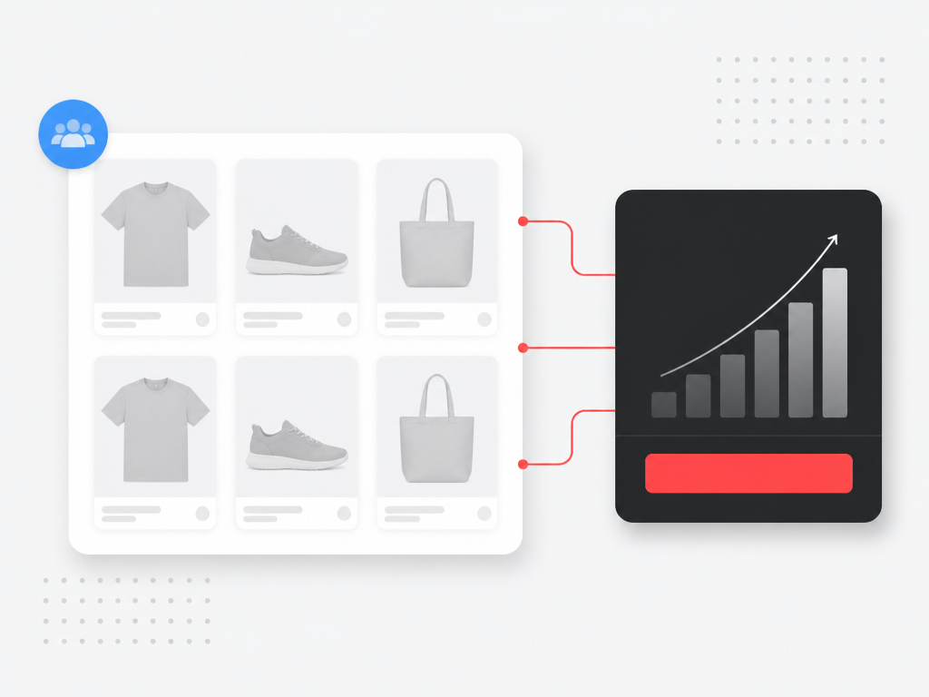 Illustration of automated shopping ads routing generic product tiles to a conversion module