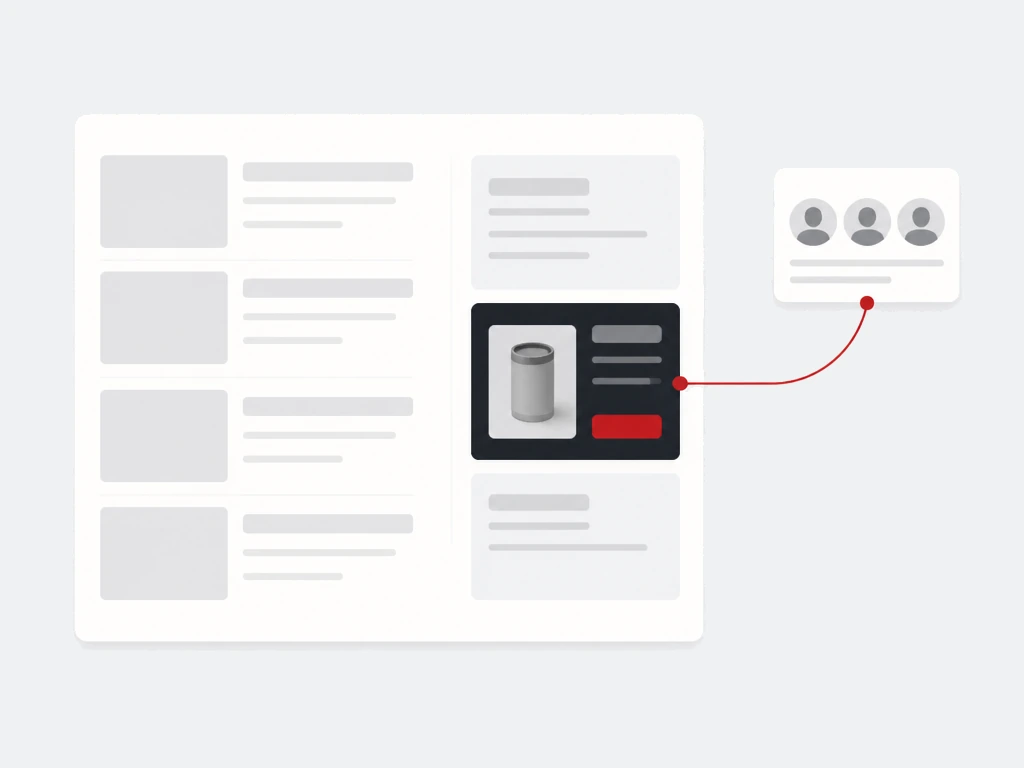 Publisher article page with a contained dark native placement card linked by a red line to an audience segment card