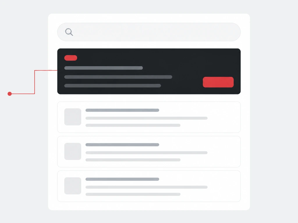 Search results panel with a dark sponsored result card, red action button and muted organic listings below