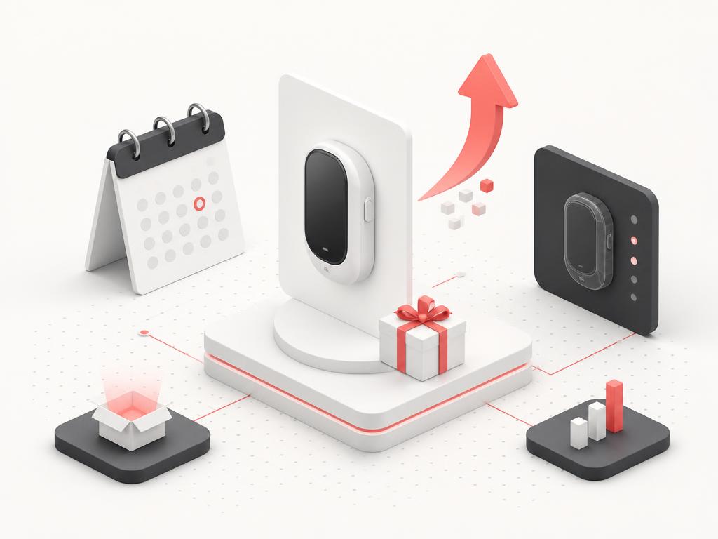 Product launch and upgrade composition with a device product card and a subtle calendar timing cue