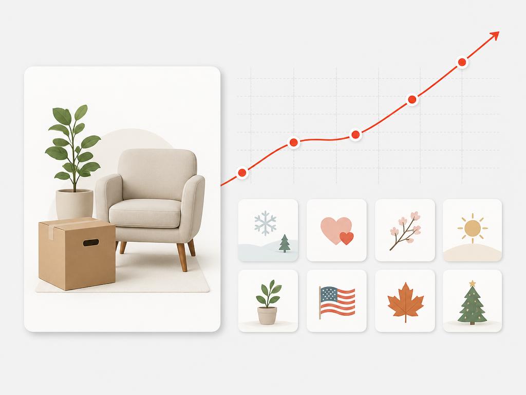 Home moment and seasonal refresh visual with a product tile and occasion timing cues