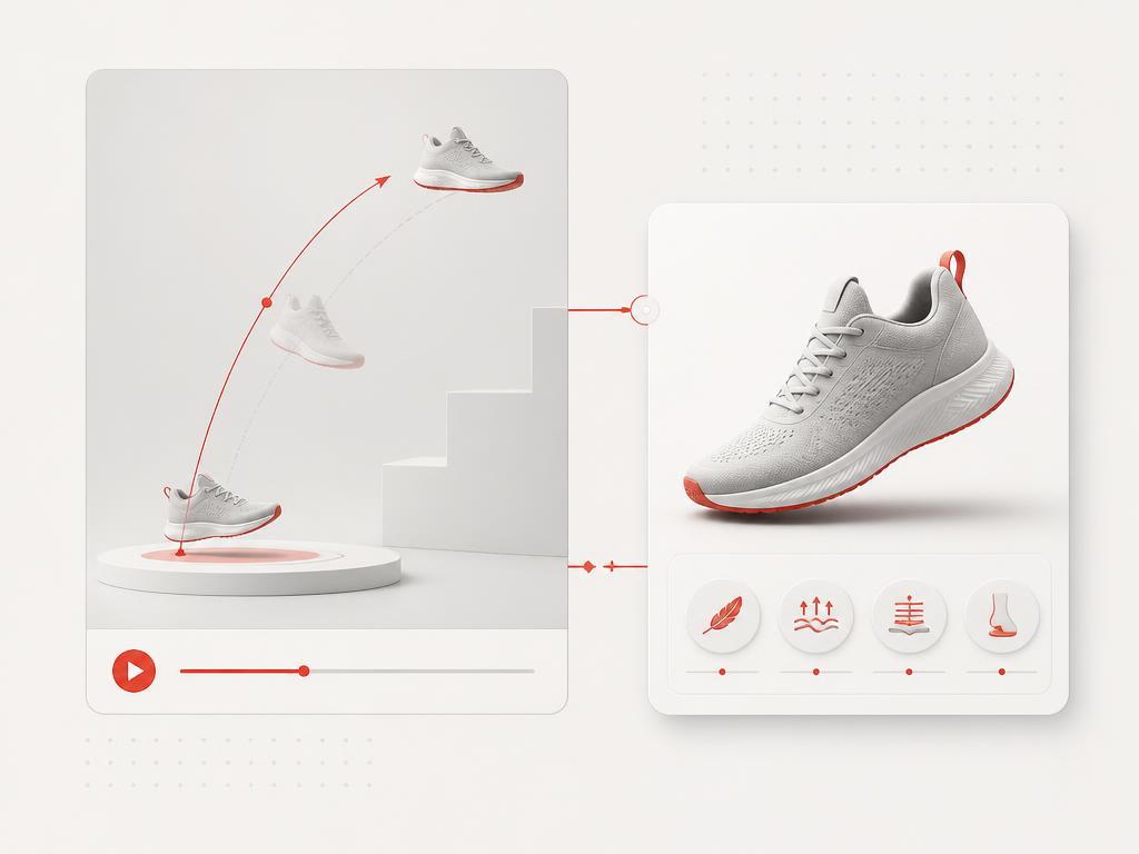 Product-in-motion demo frame beside a product detail card with feature cues