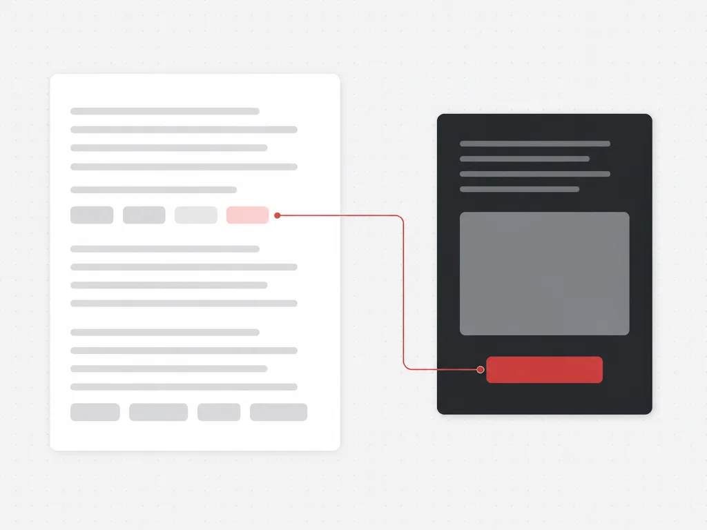 Editorial topic module linked by a red line to a matching dark sponsored message card