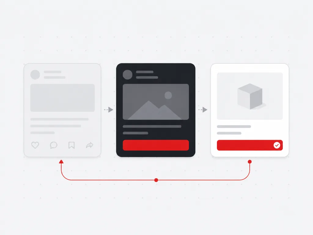 Prior content engagement card flowing into a native follow-up placement and product action with a red return path