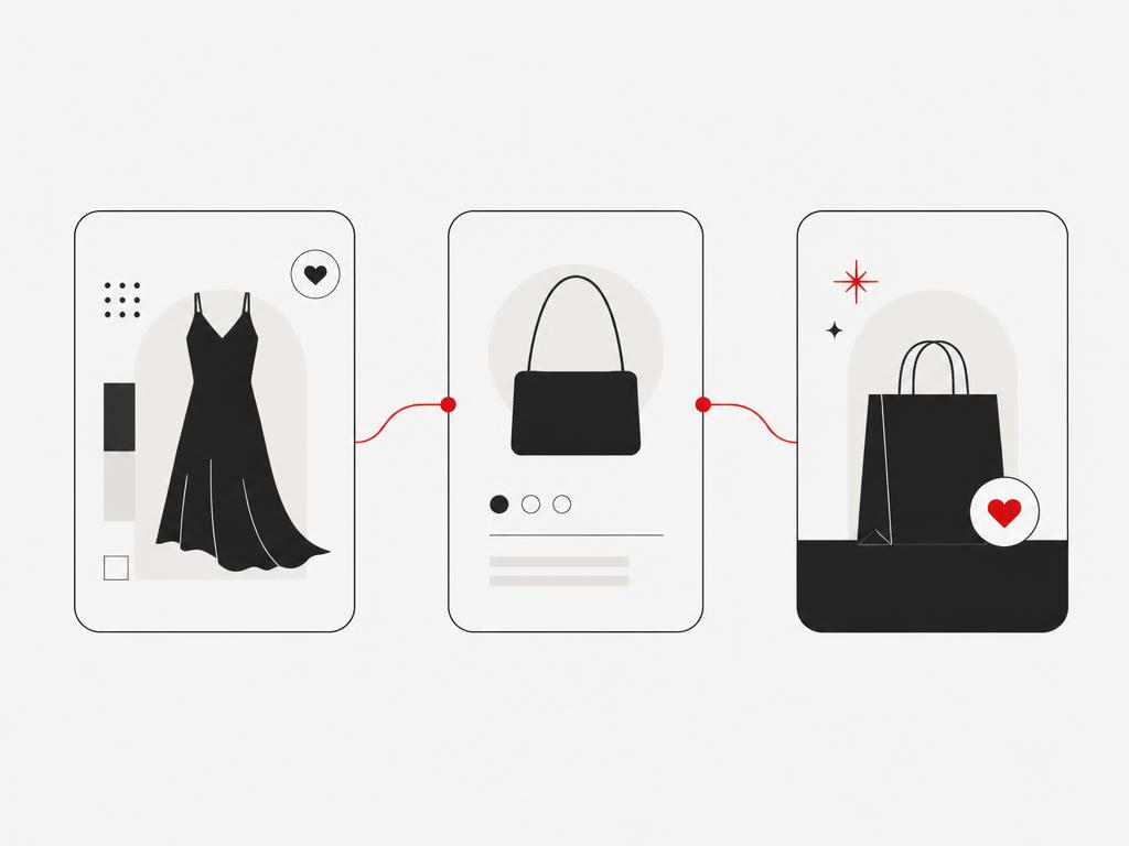 Customer journey from fashion discovery card to a first purchase and loyalty cue
