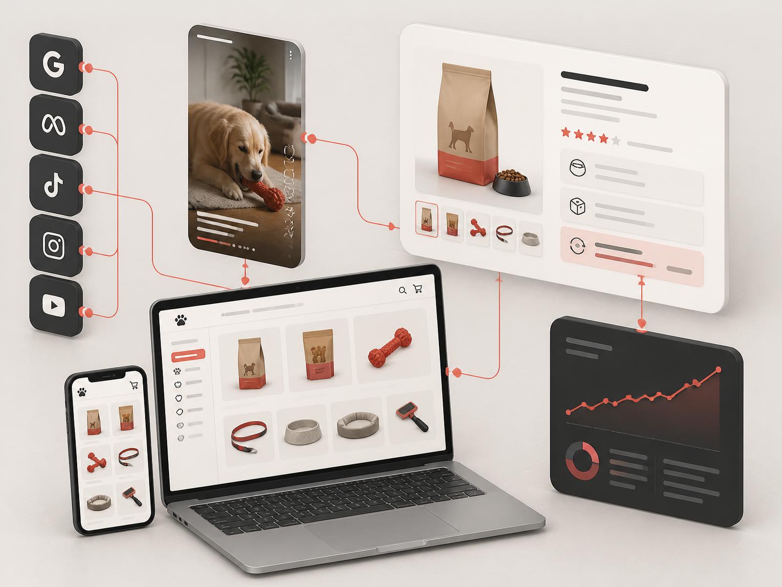 Pet food and pet products ecommerce storefront on laptop and phone with a product detail module, pet routine content frame and a revenue performance module connected together