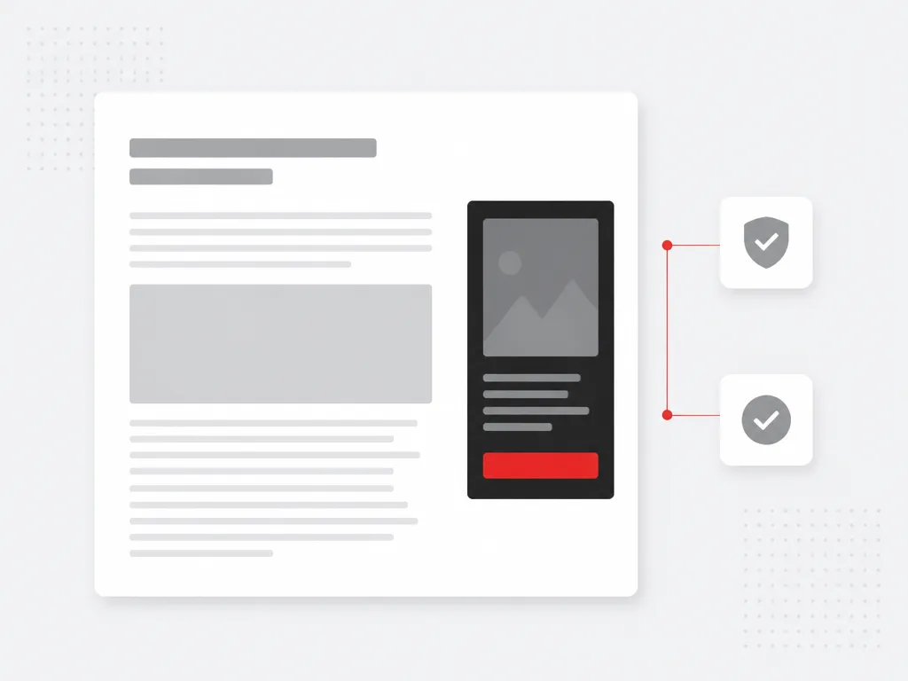 Clean publisher article layout with a dark display placement module and quality and safety filter chips