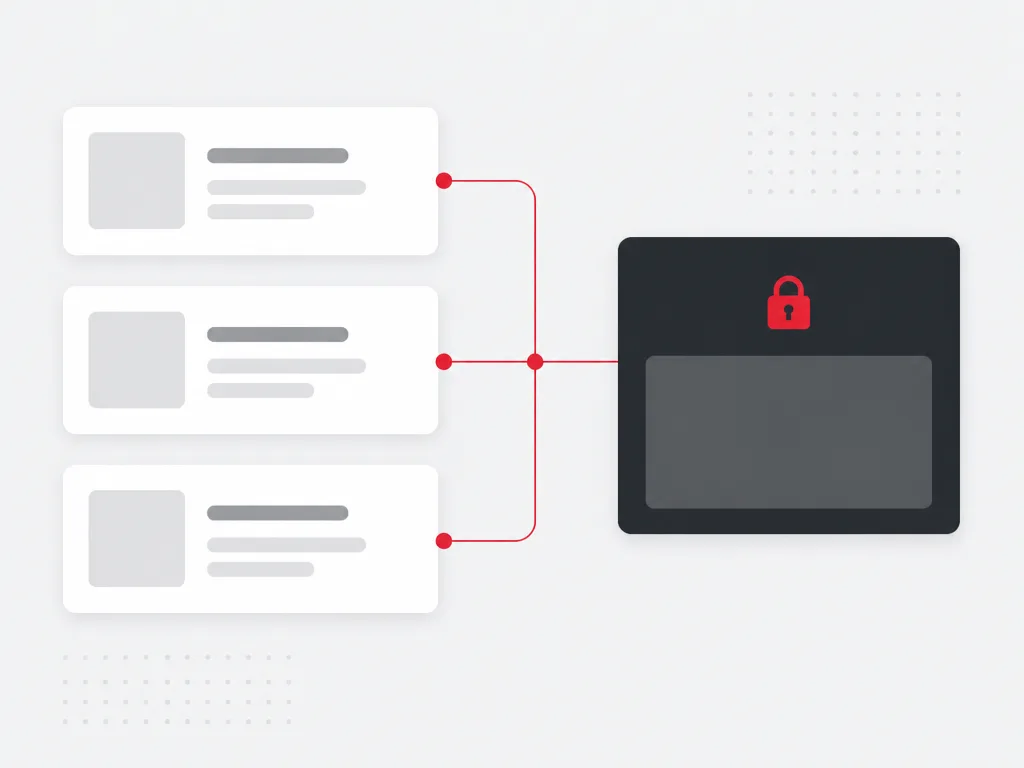 Stacked curated deal cards connected by a red access path to a locked premium placement module