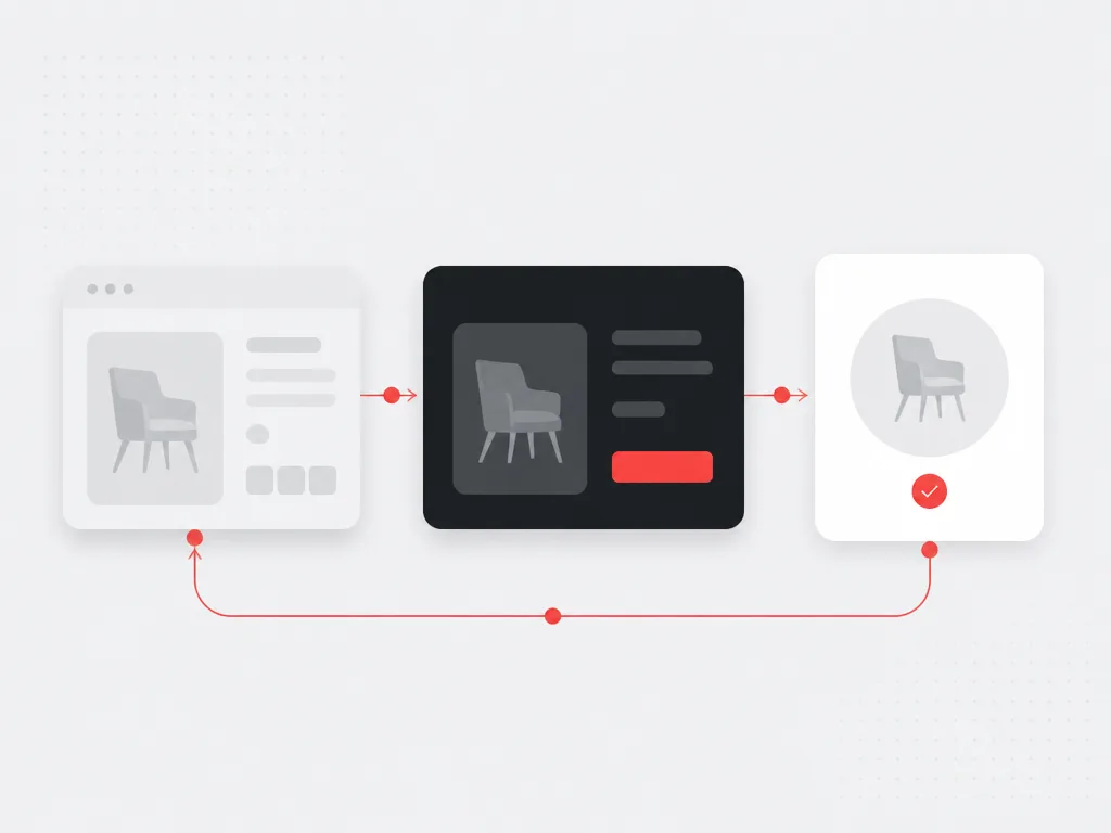 Prior product view flowing through a dark display ad into a conversion card along a red return path