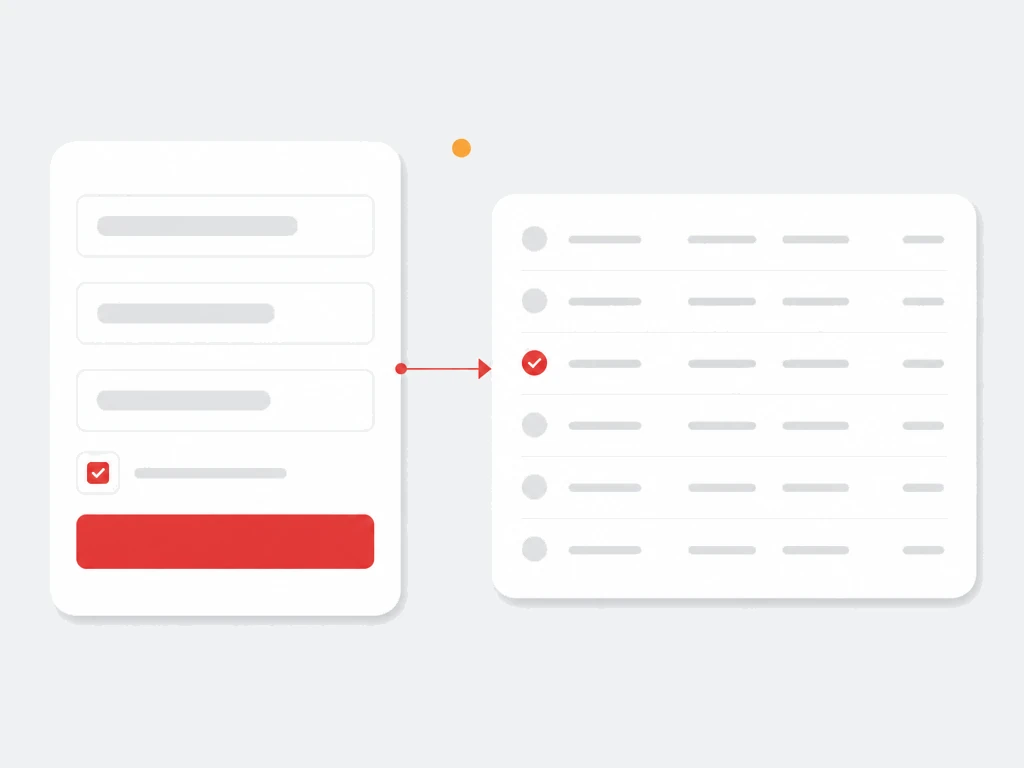 Native lead capture form card with a red submit button linked by a red arrow to a lead record list with a red check