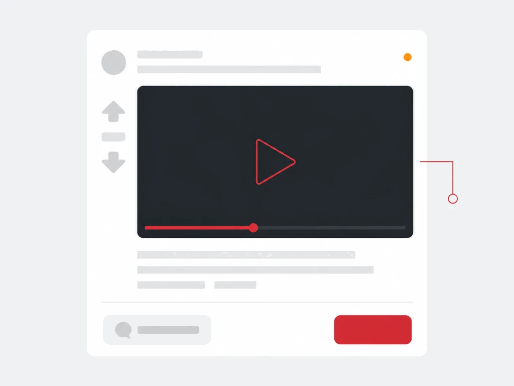 Community feed video card with a dark player, red outlined play cue, upvote arrows and a red action button