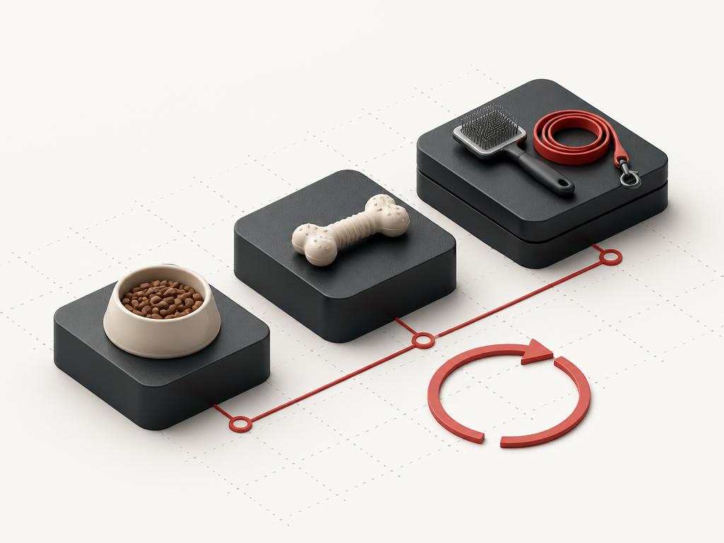 Clean pet routine sequence of generic product cues with a subtle recurring value signal