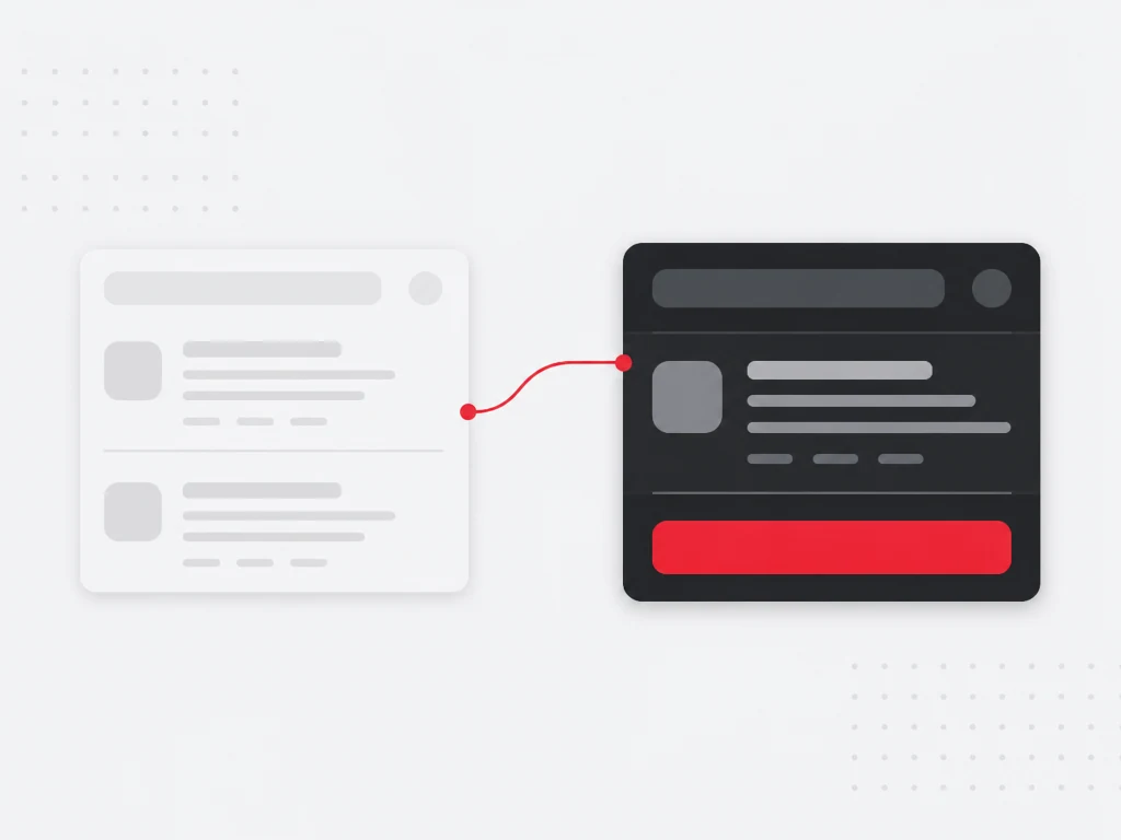 Faded generic competitor result linked by a red path to a stronger dark sponsored result with a red action button