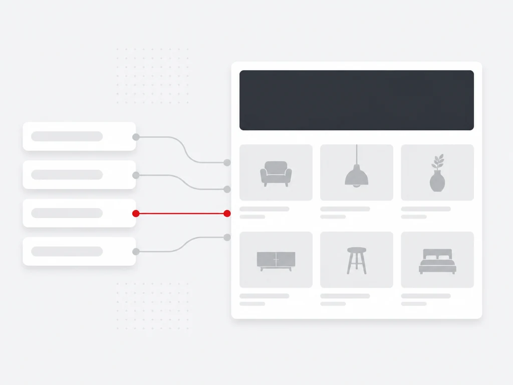 Small query chips flowing into a structured category page module with one highlighted red route