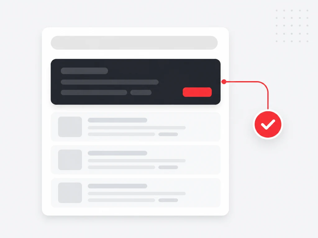 Search results panel with a dark sponsored result, muted organic listings below and a red conversion indicator