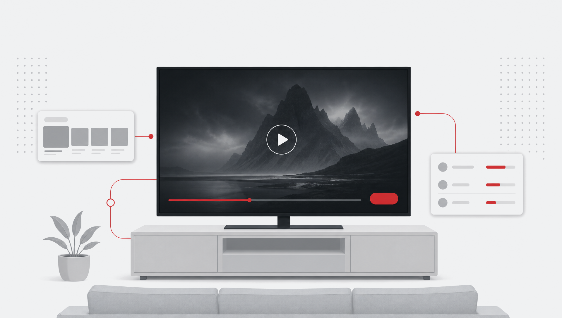 Connected TV in a living room showing a widescreen video ad with supporting streaming interface modules