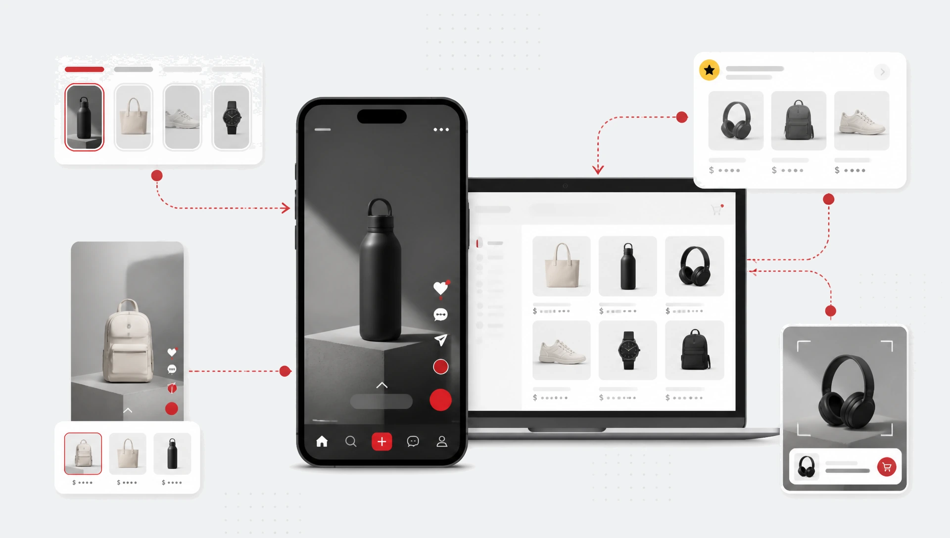 Vertical smartphone ad experience beside a laptop storefront with generic product cards, story modules and conversion actions