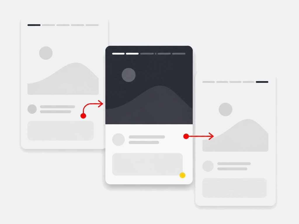 Three staggered vertical story cards with segmented progress bars linked by thin red arrows
