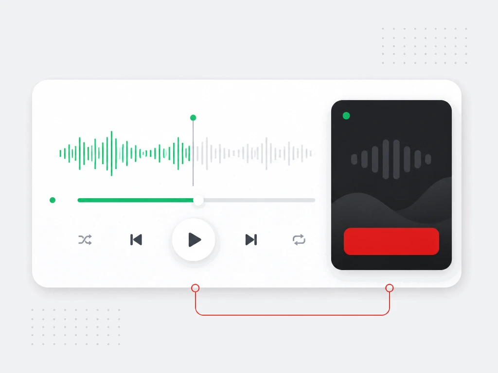 Streaming audio player card with a waveform, playback bar and a dark audio ad module with a red action button