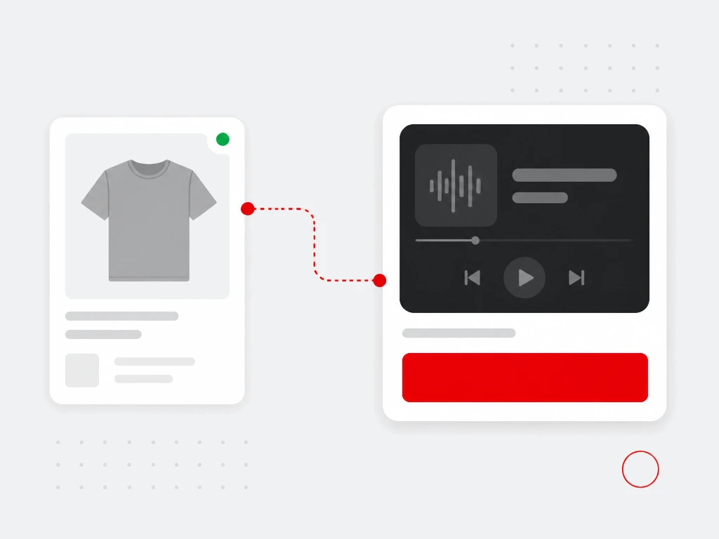 Previously viewed product card connected by a dotted red path to a streaming player with a dark audio ad and red buy button