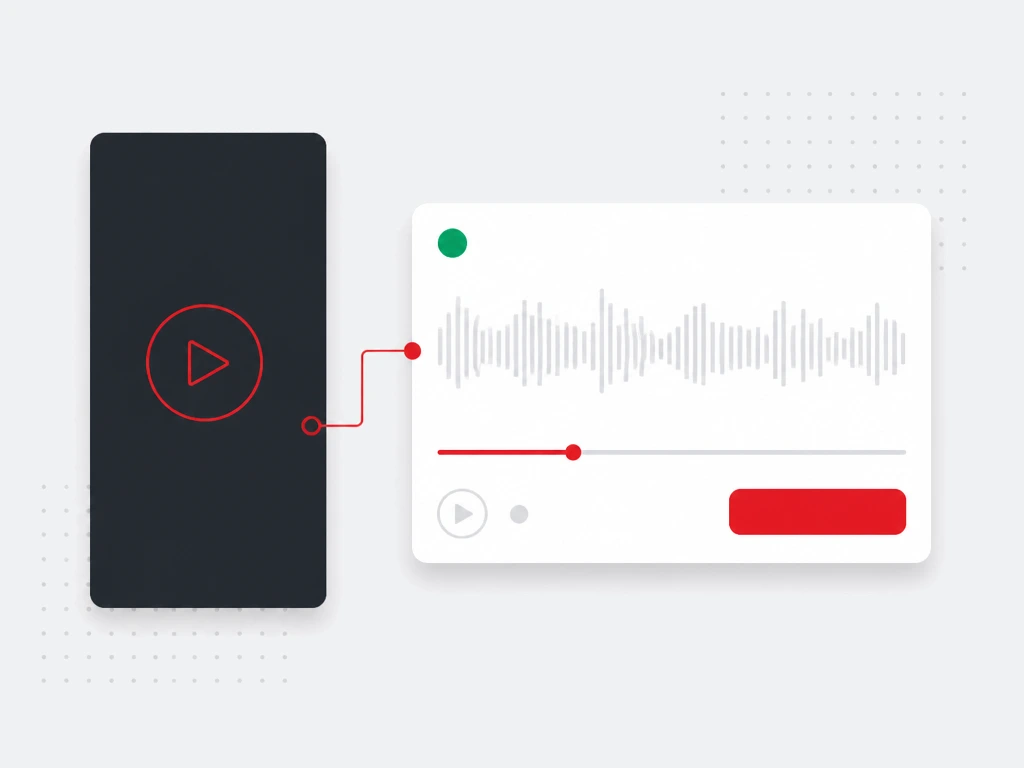 Vertical dark video tile with a red outlined play cue beside a light player card with waveform and red action button