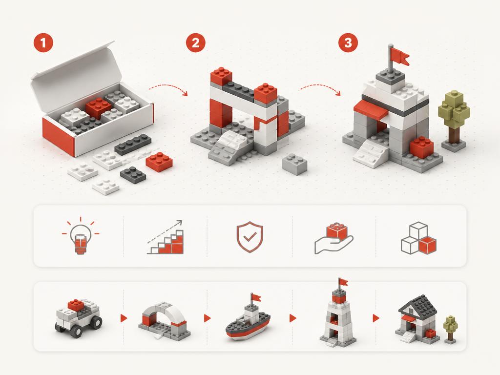 Step-by-step product demonstration sequence with simple benefit icons