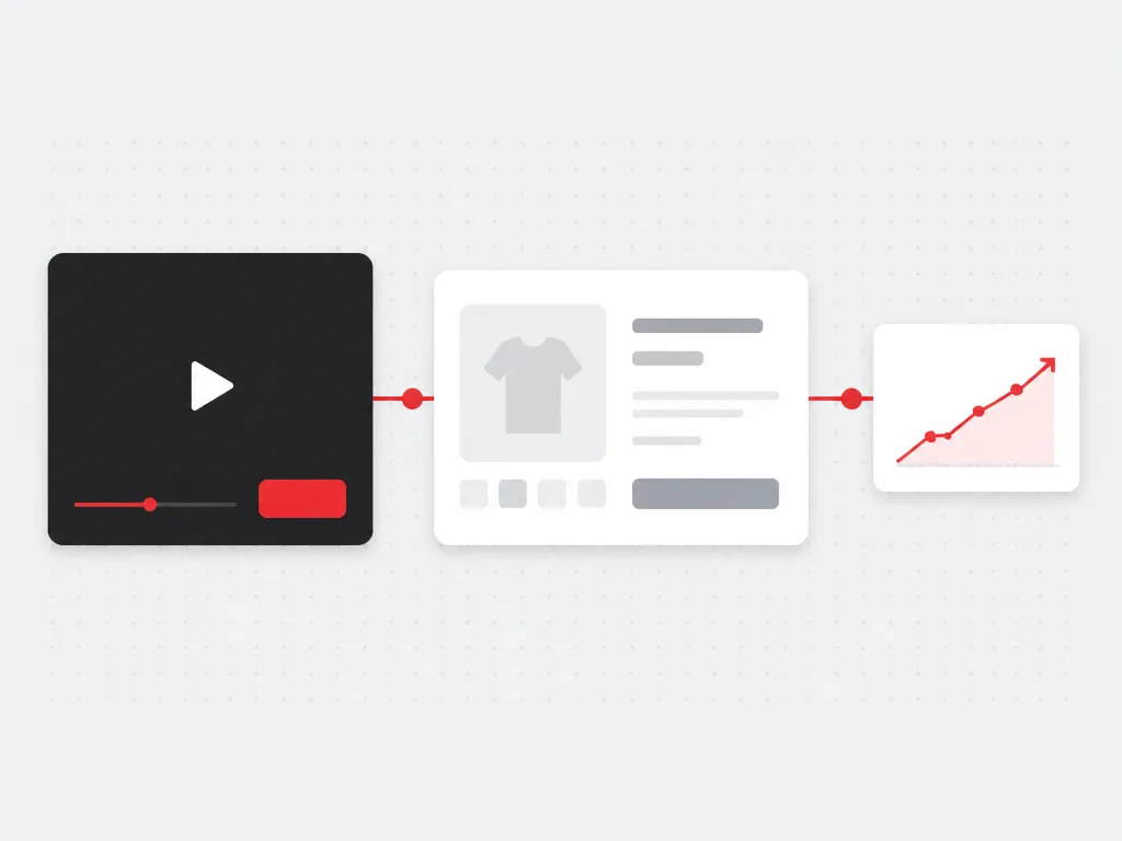 Dark video frame with red call to action linked to a product module and a rising conversion chart