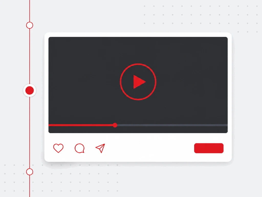 Timeline video post with a dark player, red outlined play cue, red progress bar and a red action button